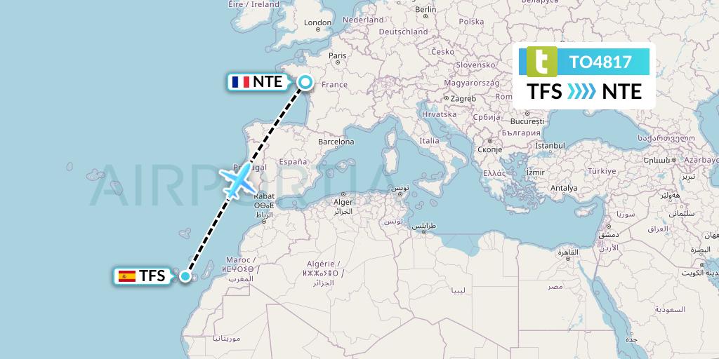 TO4817 Transavia France Flight Map: Tenerife to Nantes