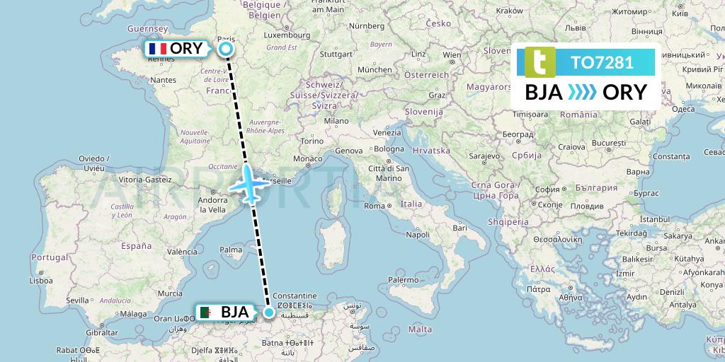 TO7281 Transavia France Flight Map: Bejaia to Paris