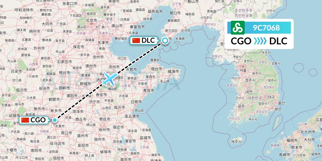 9C7068 Spring Airlines Flight Map: Zhengzhou to Dalian