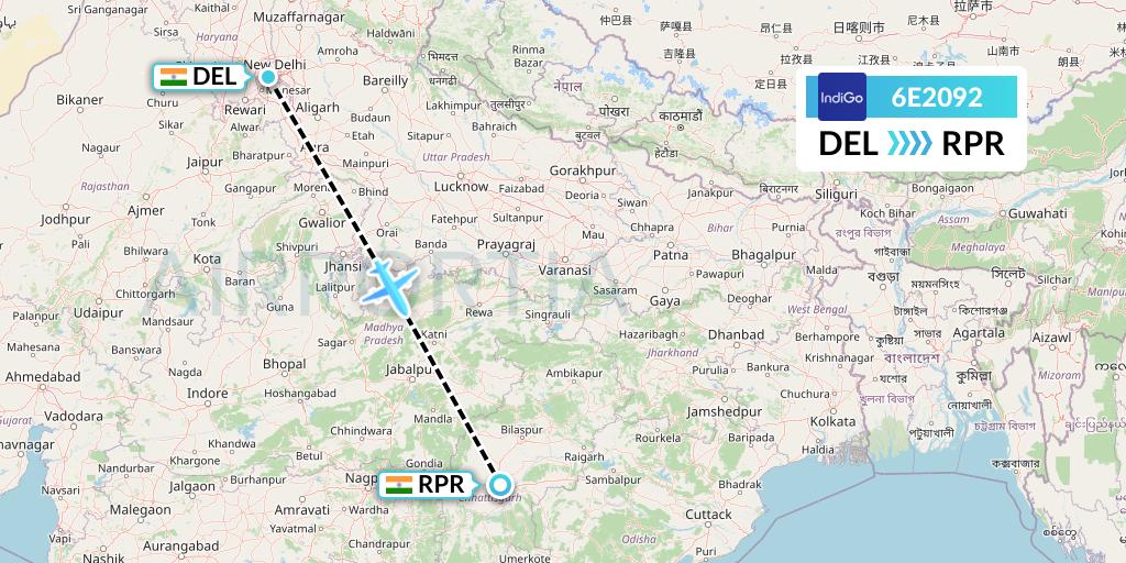6E2092 IndiGo Airlines Flight Map: Delhi to Raipur