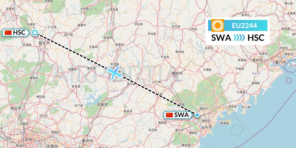 EU2244 Chengdu Airlines Flight Map: Jieyang to Shaoguan