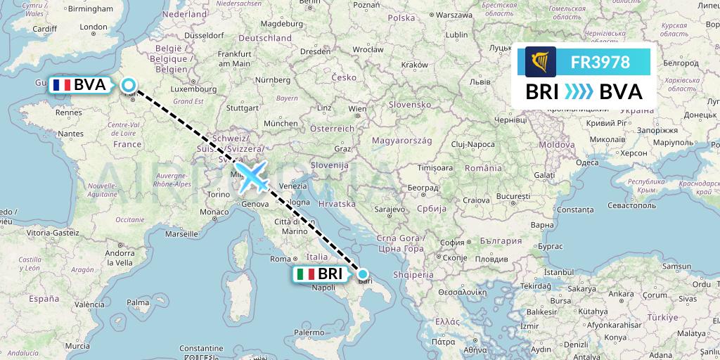 FR3978 Ryanair Flight Map: Bari to Paris