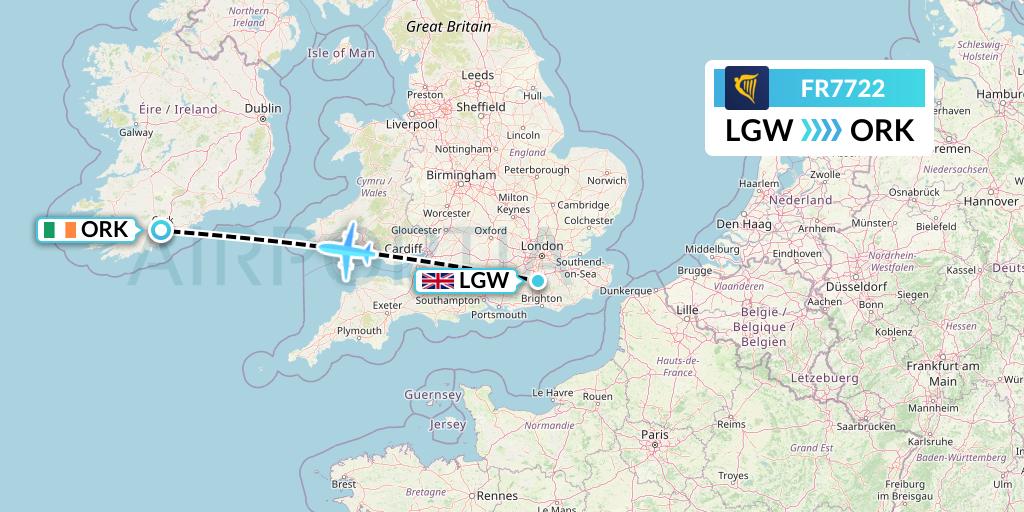 FR7722 Ryanair Flight Map: London to Cork