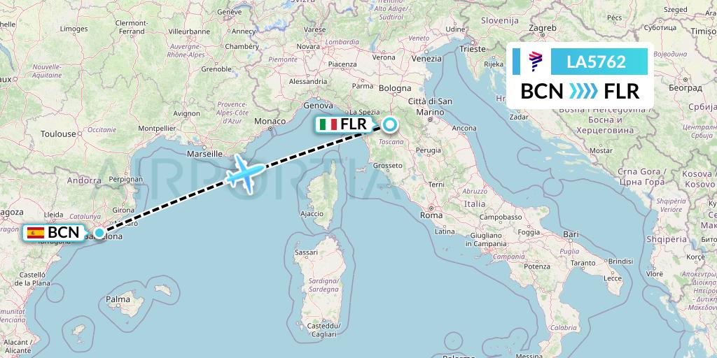 LA5762 LAN Airlines Flight Map: Barcelona to Florence