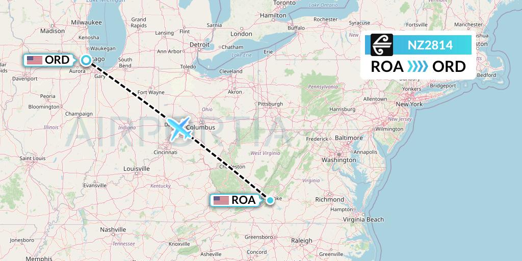 NZ2814 Air New Zealand Flight Map: Roanoke to Chicago
