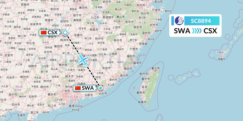 SC8894 Shandong Airlines Flight Map: Jieyang to Changsha