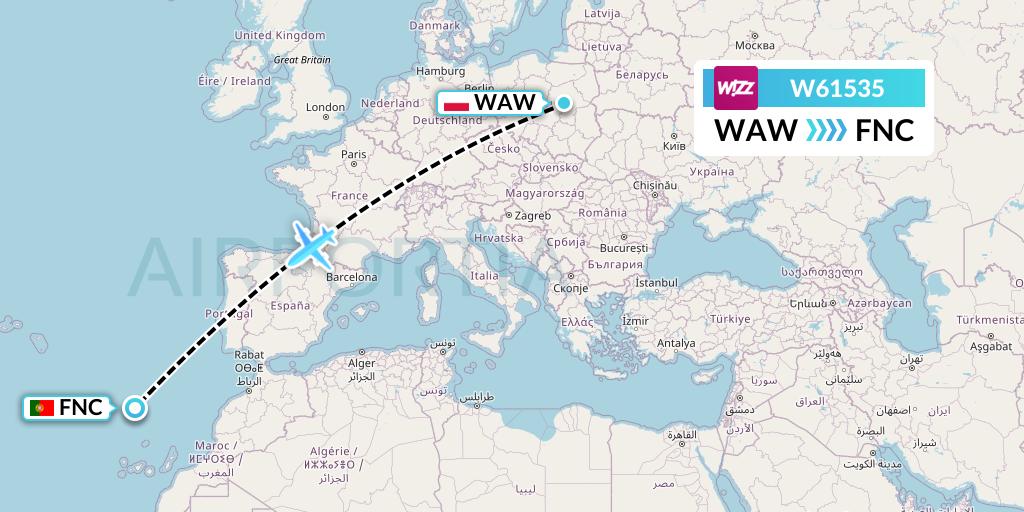 W61535 Wizz Air Flight Map: Warsaw to Funchal