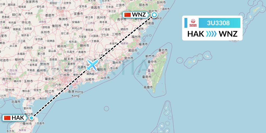 3U3308 Sichuan Airlines Flight Map: Haikou to Wenzhou
