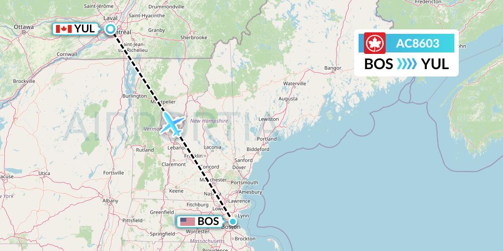 AC8603 Air Canada Flight Map: Boston to Montreal