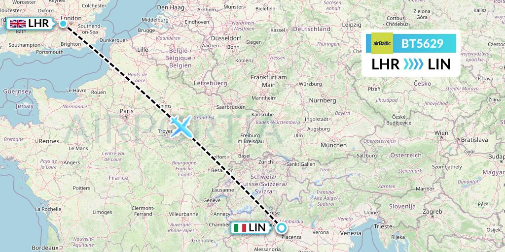 BT5629 Air Baltic Flight Map: London to Milan