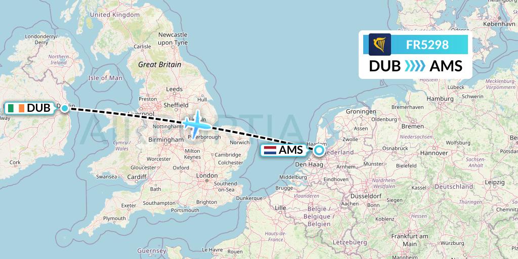 FR5298 Ryanair Flight Map: Dublin to Amsterdam