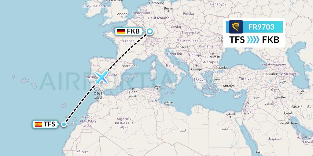 FR9703 Ryanair Flight Map: Tenerife to Karlsruhe/Baden-Baden