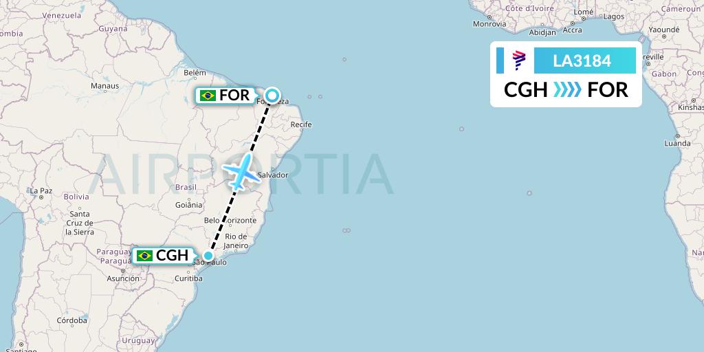 LA3184 LAN Airlines Flight Map: Sao Paulo to Fortaleza