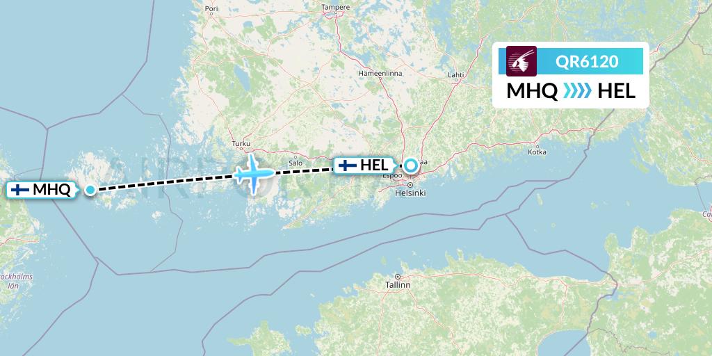 QR6120 Qatar Airways Flight Map: Mariehamn to Helsinki