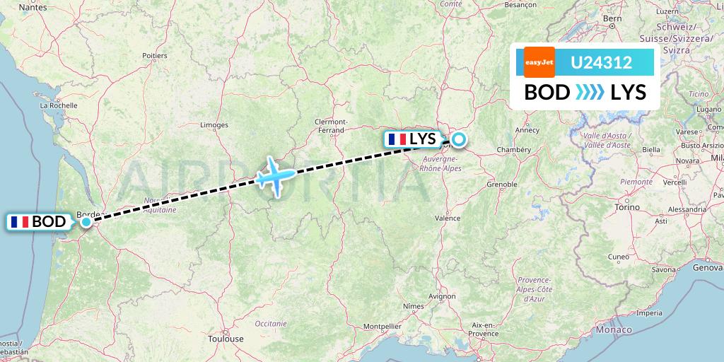 U24312 EasyJet Flight Map: Bordeaux to Lyon