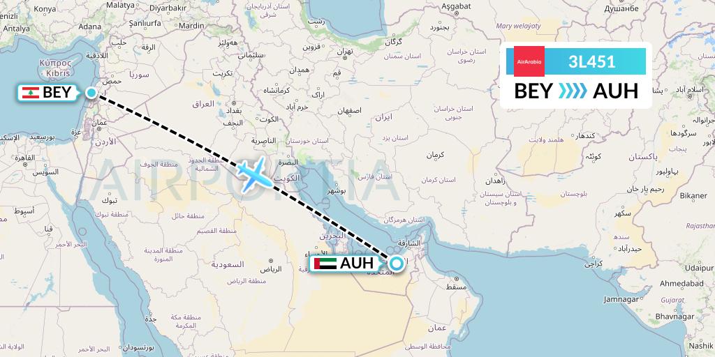 3L451 Air Arabia Abu Dhabi Flight Map: Beirut to Abu Dhabi