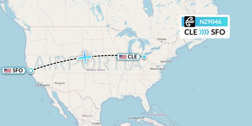 NZ9046 Air New Zealand Flight Map: Cleveland to San Francisco
