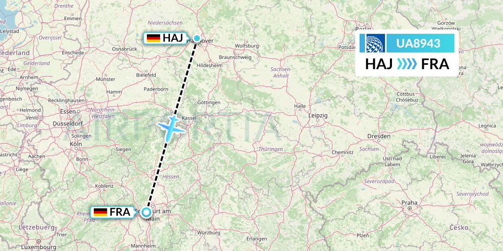 UA8943 United Airlines Flight Map: Hannover to Frankfurt