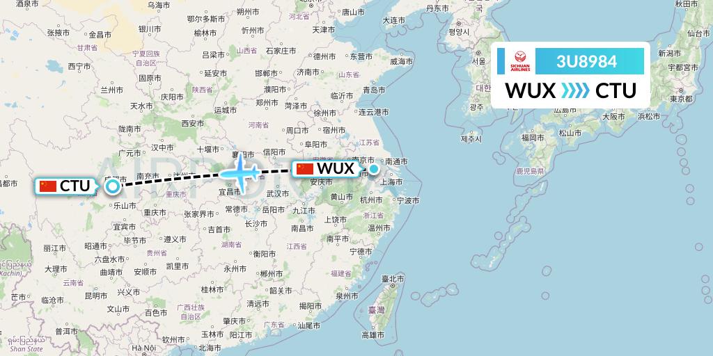 3U8984 Sichuan Airlines Flight Map: Wuxi to Chengdu