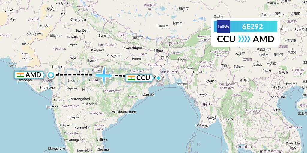 6E292 IndiGo Airlines Flight Map: Kolkata to Ahmedabad