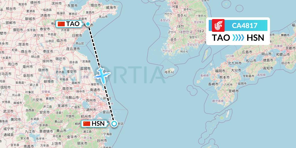 CA4817 Air China Flight Map: Qingdao to Zhoushan
