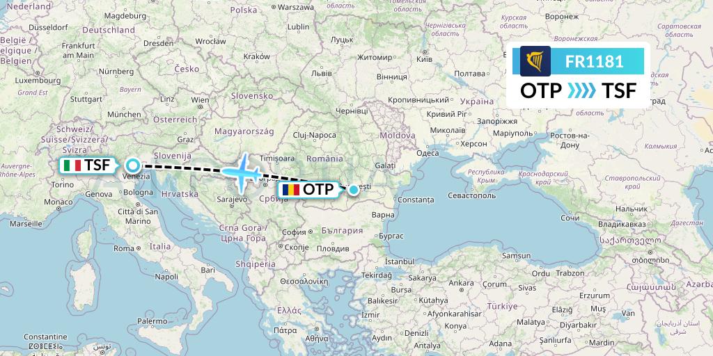 FR1181 Ryanair Flight Map: Bucharest to Treviso