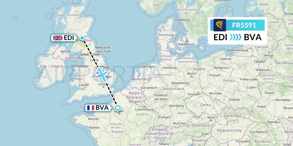 FR5591 Ryanair Flight Map: Edinburgh to Paris