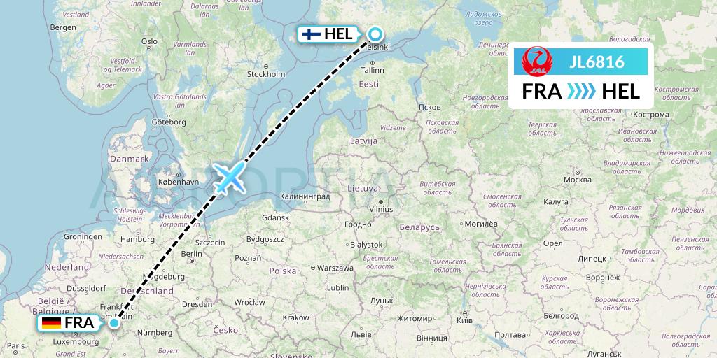 JL6816 Japan Airlines Flight Map: Frankfurt to Helsinki