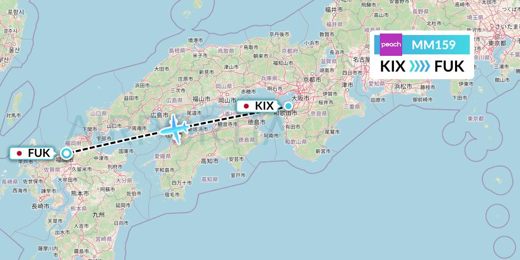 MM159 Peach Aviation Flight Map: Osaka to Fukuoka