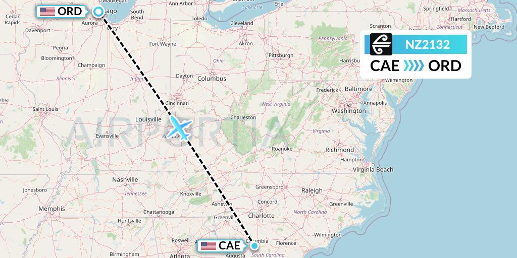 NZ2132 Air New Zealand Flight Map: Columbia to Chicago
