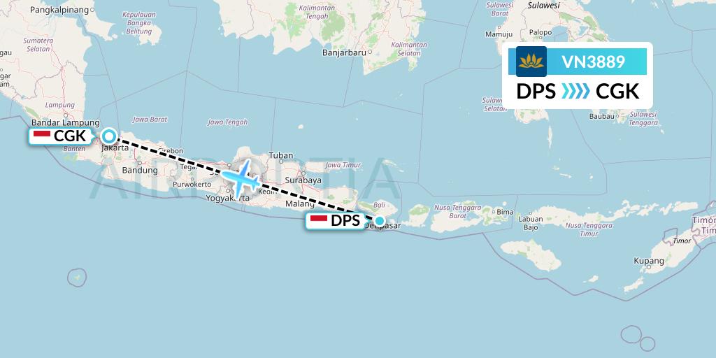 VN3889 Vietnam Airlines Flight Map: Denpasar to Jakarta
