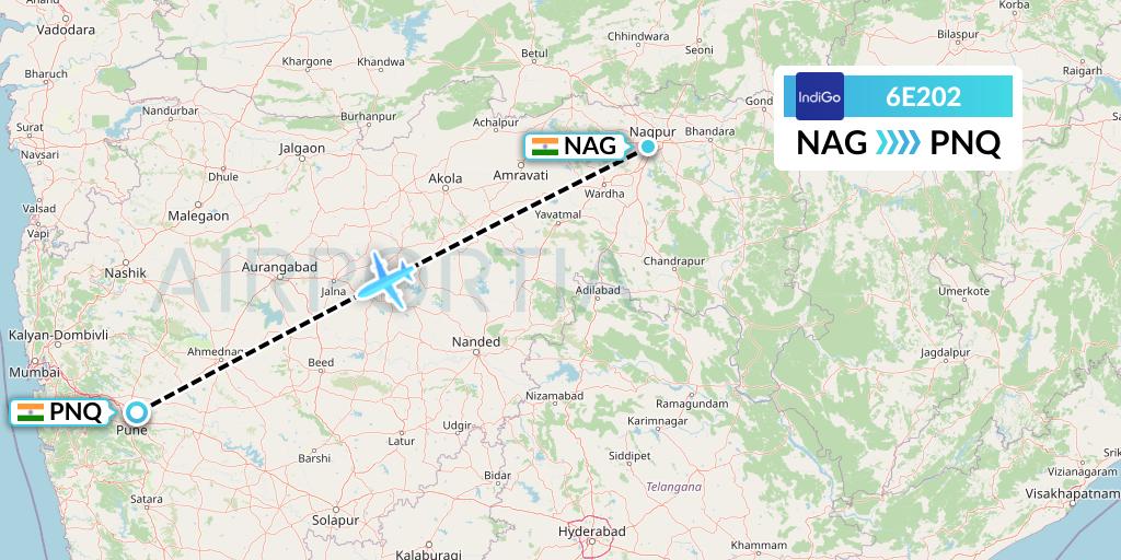 6E202 IndiGo Airlines Flight Map: Nagpur to Pune