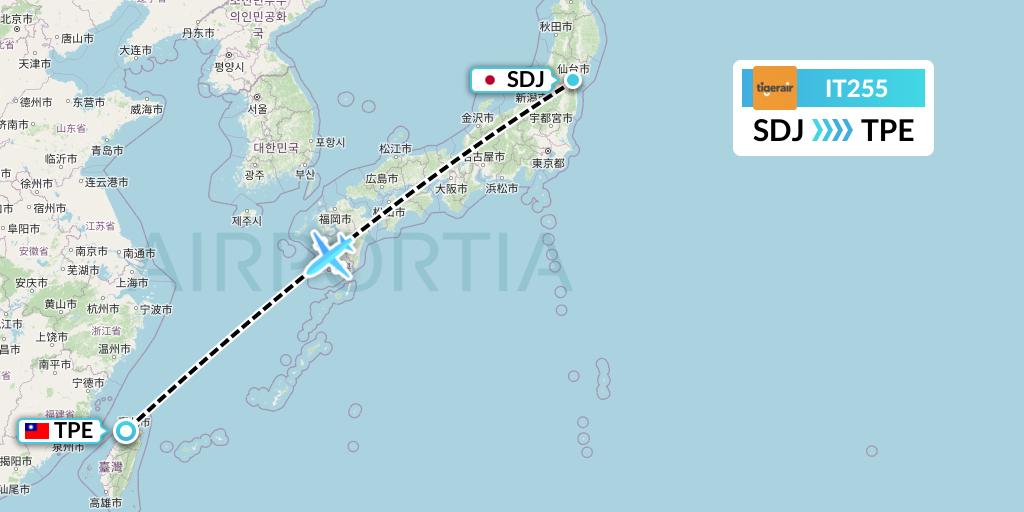 IT255 Tigerair Taiwan Flight Map: Sendai to Taipei