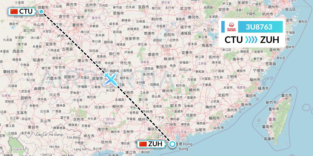 3U8763 Sichuan Airlines Flight Map: Chengdu to Zhuhai