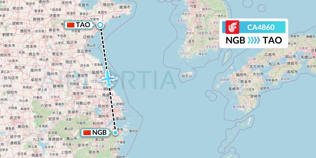 CA4860 Air China Flight Map: Ningbo to Qingdao