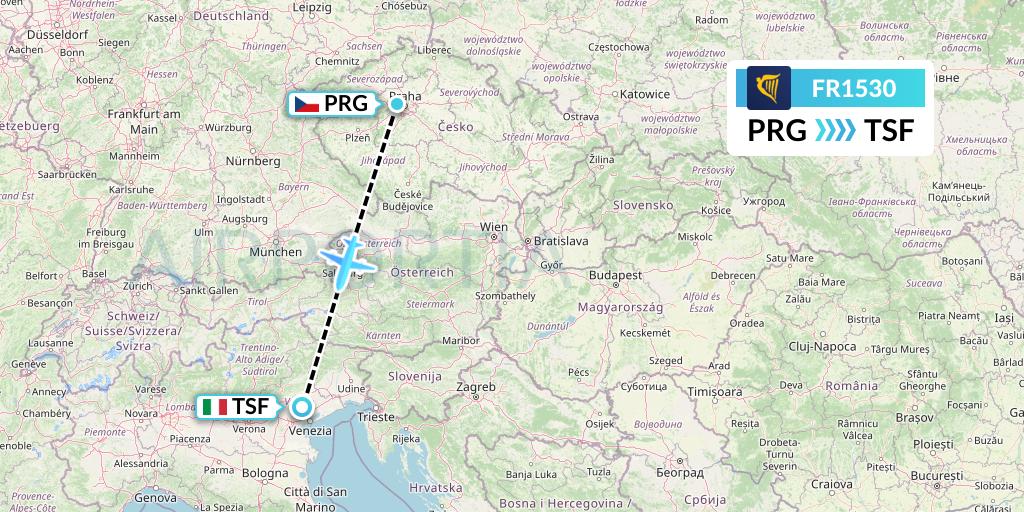 FR1530 Ryanair Flight Map: Prague to Treviso