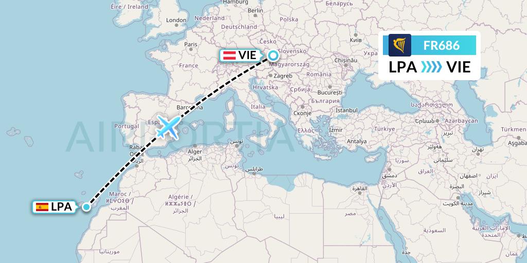 FR686 Ryanair Flight Map: Las Palmas to Vienna