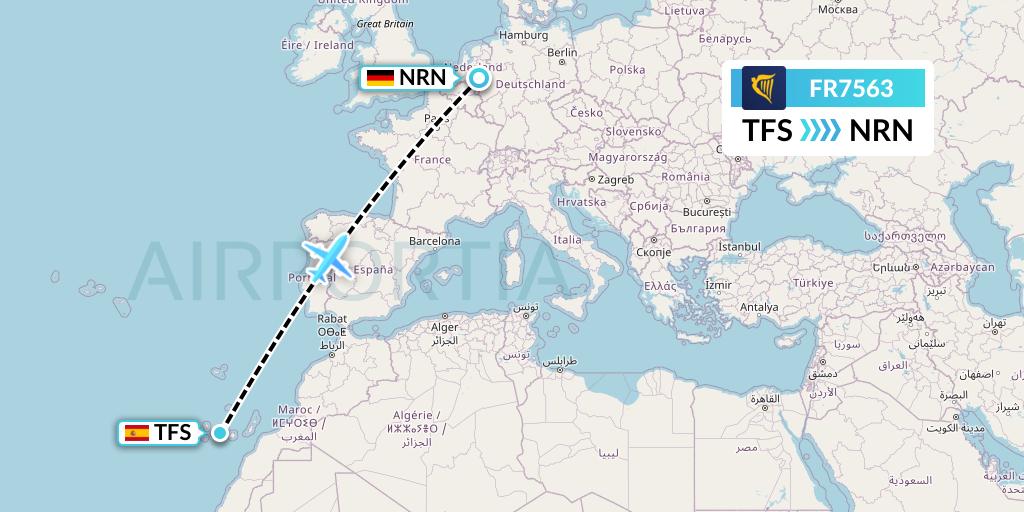 FR7563 Ryanair Flight Map: Tenerife to Weeze