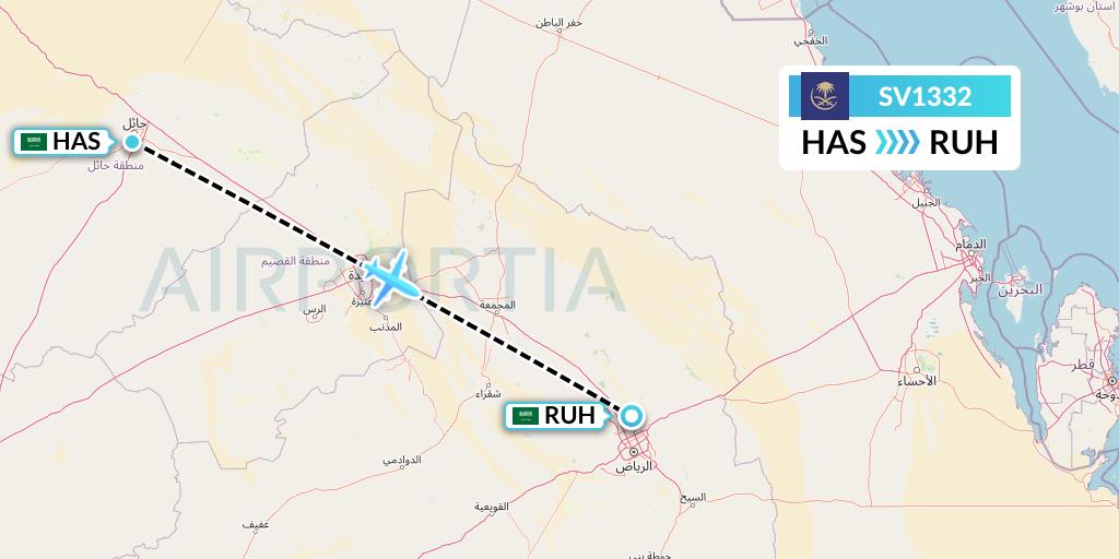 SV1332 Saudi Arabian Airlines Flight Map: Ha'il to Riyadh