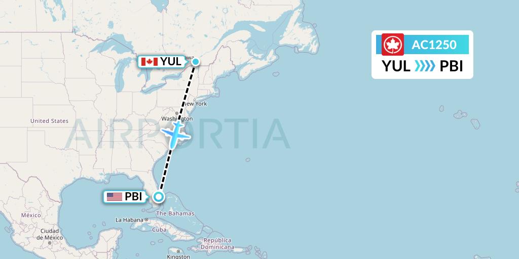 AC1250 Air Canada Flight Map: Montreal to West Palm Beach