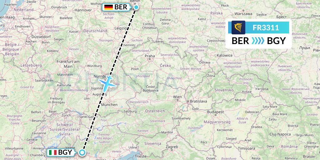 FR3311 Ryanair Flight Map: Berlin to Milan
