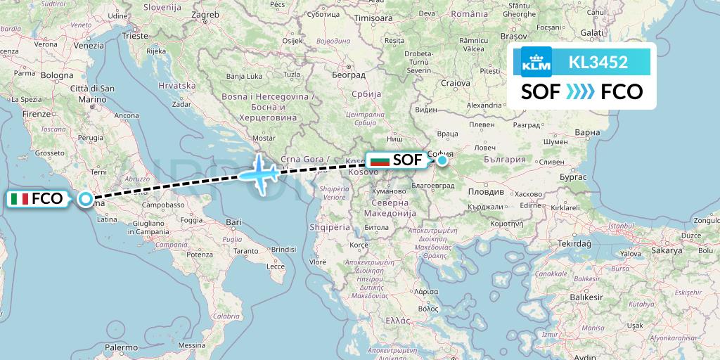 KL3452 KLM Flight Map: Sofia to Rome