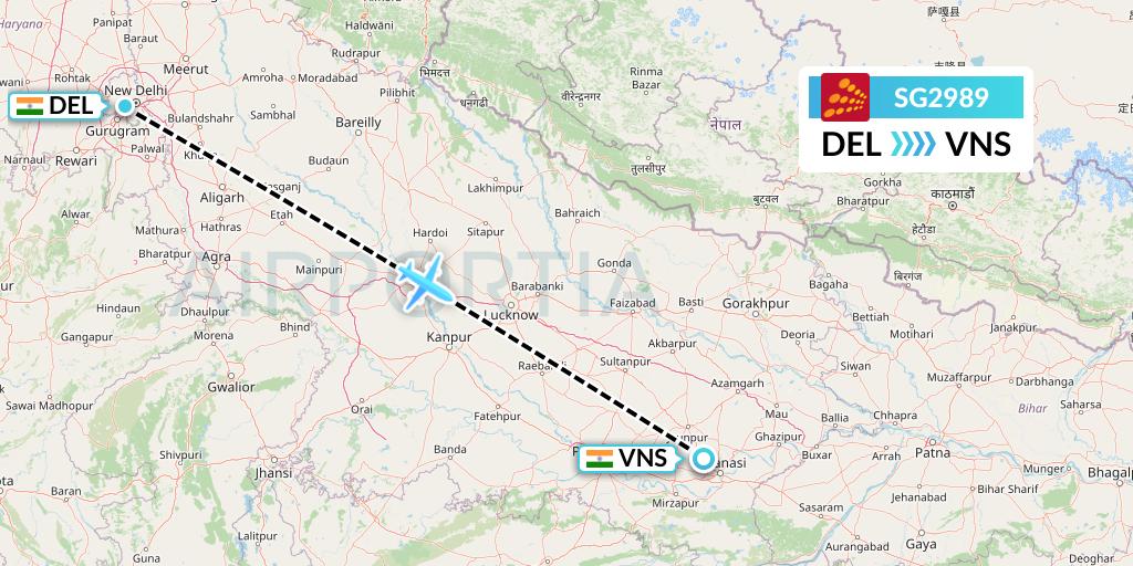SG2989 SpiceJet Flight Map: Delhi to Varanasi