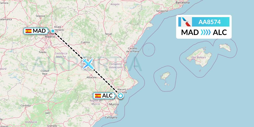 AA8574 American Airlines Flight Map: Madrid to Alicante
