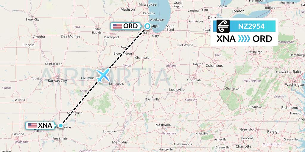 NZ2954 Air New Zealand Flight Map: Bentonville to Chicago