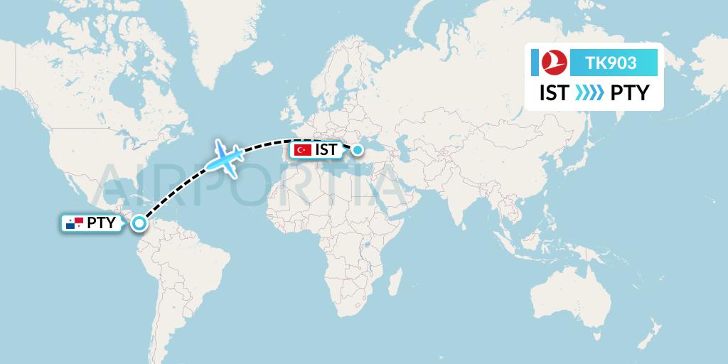 TK903 Turkish Airlines Flight Map: Istanbul to Panama City