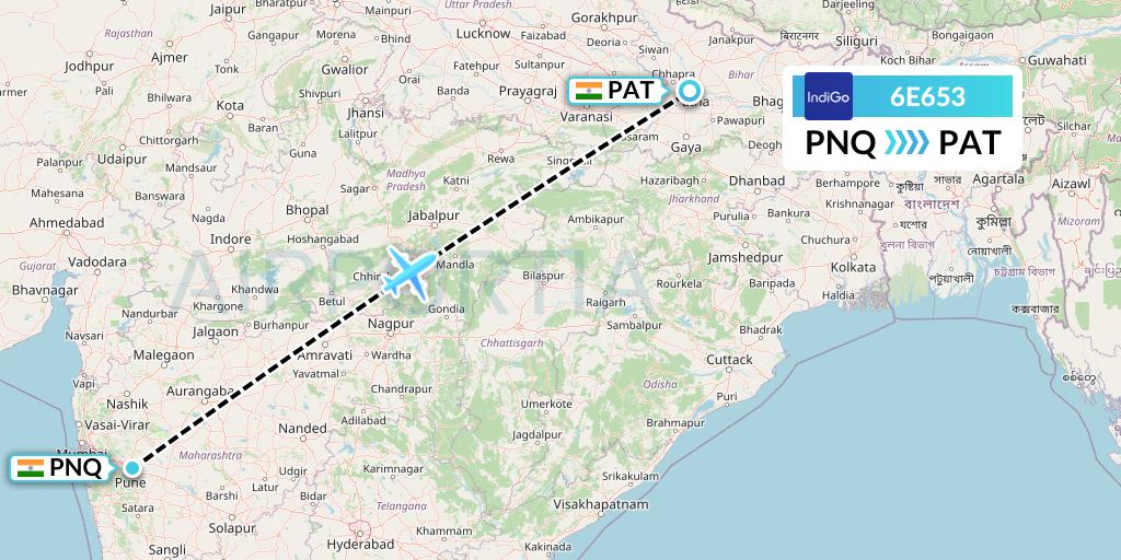 6E653 IndiGo Airlines Flight Map: Pune to Patna