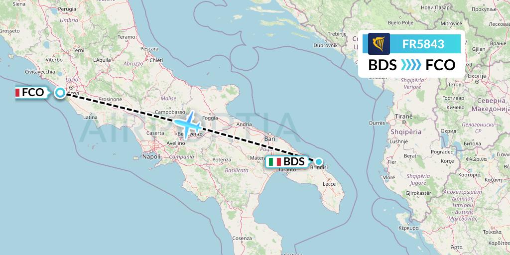 FR5843 Ryanair Flight Map: Brindisi to Rome