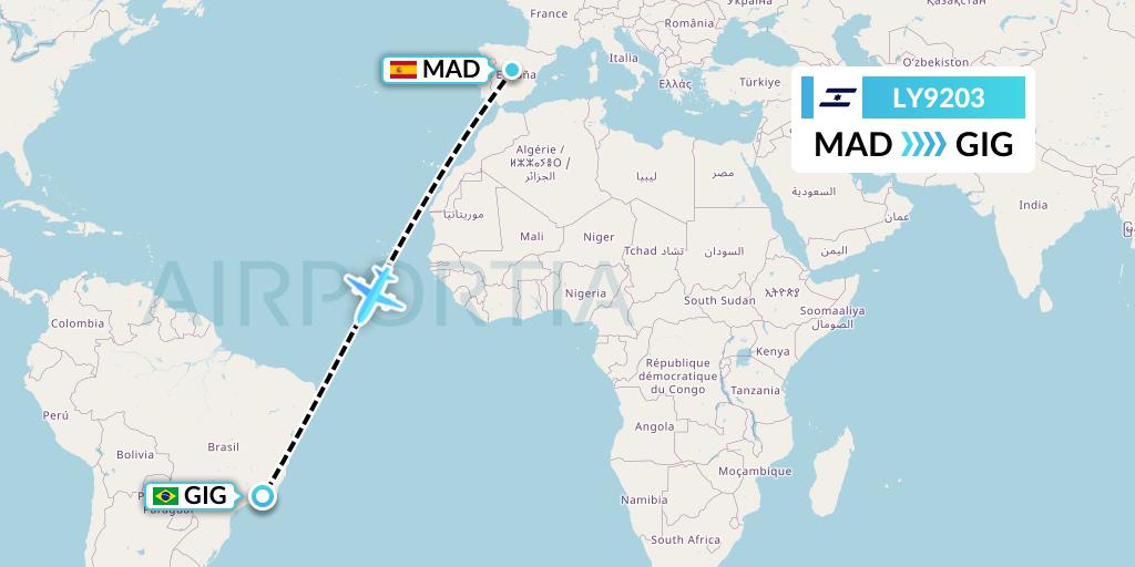 LY9203 El Al Flight Map: Madrid to Rio de Janeiro