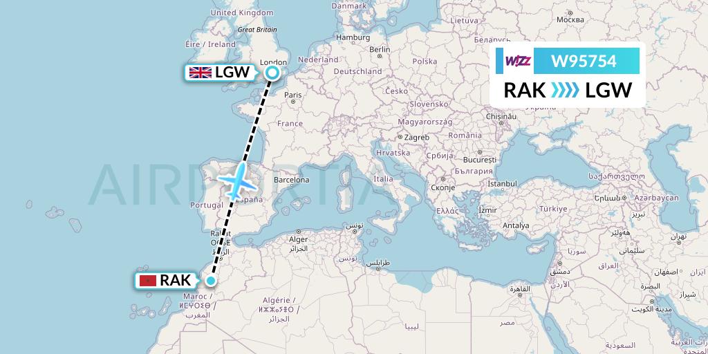 W95754 Wizz Air UK Flight Map: Marrakesh to London